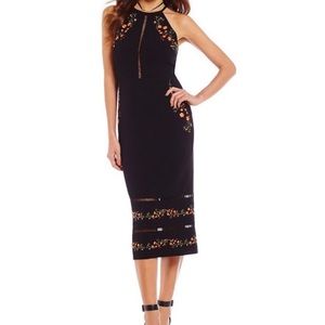 Gianni Bini Black Floral Embroidery Cutout Detail Midi Dress